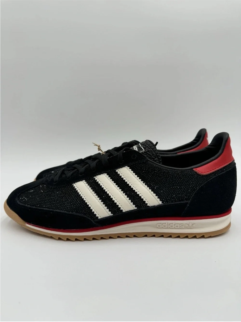 Adidas SL 72 OG Black Sparkle Sneakers with White Stripes and Red Heel Accent